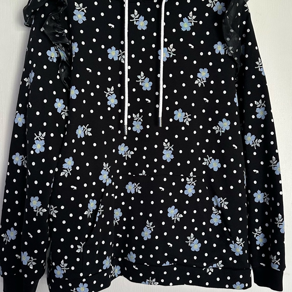 Sandy Liang Black Hoodie with Blue Floral and White Polka Dots - Picture 5 of 6